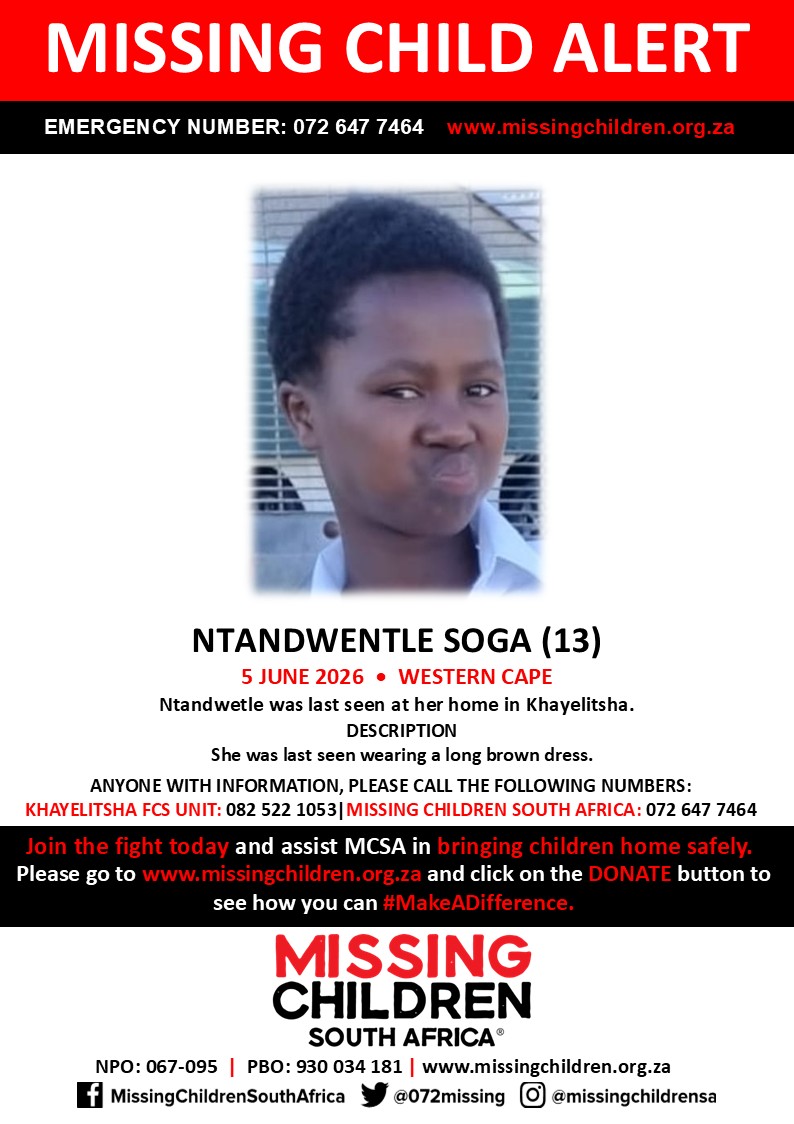 072MISSING's tweet photo. #MCSAMissing 

Ntandwently Soga (13) was last seen 5 June 2026.

If you personally, or your company | or your place of work, would like to make a donation to #MCSA, please click here to donate: https://t.co/WuULg0pWNL Thank you https://t.co/3T9q41T1A4