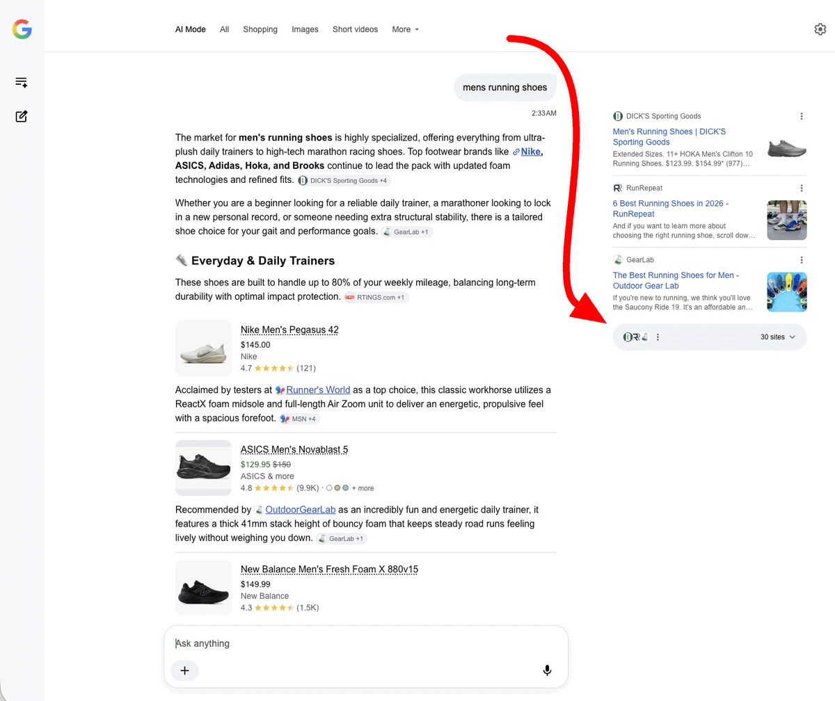 rustybrick's tweet photo. ICYMI: Google AI Mode tests citation counts and favicons below the link cards https://t.co/qyd7drez2O https://t.co/sbWpSXYw9A