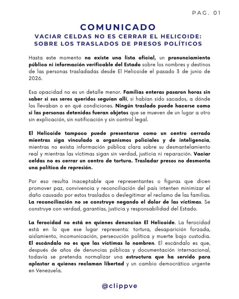 ReporteYa's tweet photo. #7Jun #Venezuela #DDHH #PresosPolíticos
La ONG Comité por la Libertad de los Presos Políticos denunció falta de información oficial sobre el traslado de detenidos desde El Helicoide a otras cárceles y exigió transparencia sobre su identidad y paradero. https://t.co/U4qlQM23xX