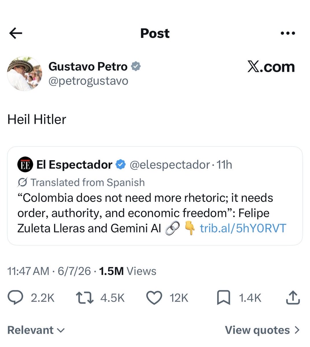 uricohenisrael's tweet photo. The President of Colombia, ladies and gentleman 

The “progressive” far left isn’t even pretending anymore

Thank god Colombia just elected a new President 🇨🇴 https://t.co/w3Tx8pWdni