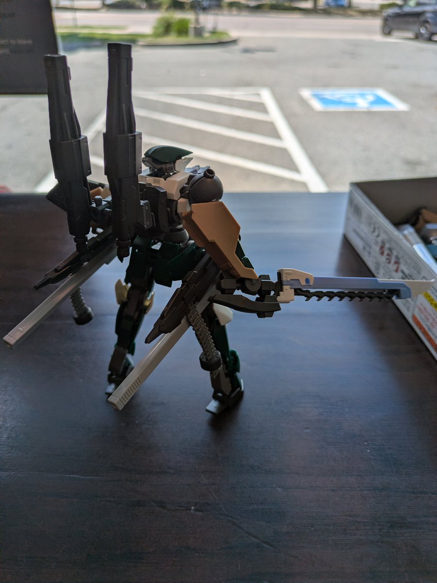 BytetheRobotVT's tweet photo. This is a WIP. My Reginlaze Saberwolf. I put two of the snub-nosed rifle things on the underside of the shield and I'm workin' on the Ripper sword. https://t.co/9vJbjNviwB
