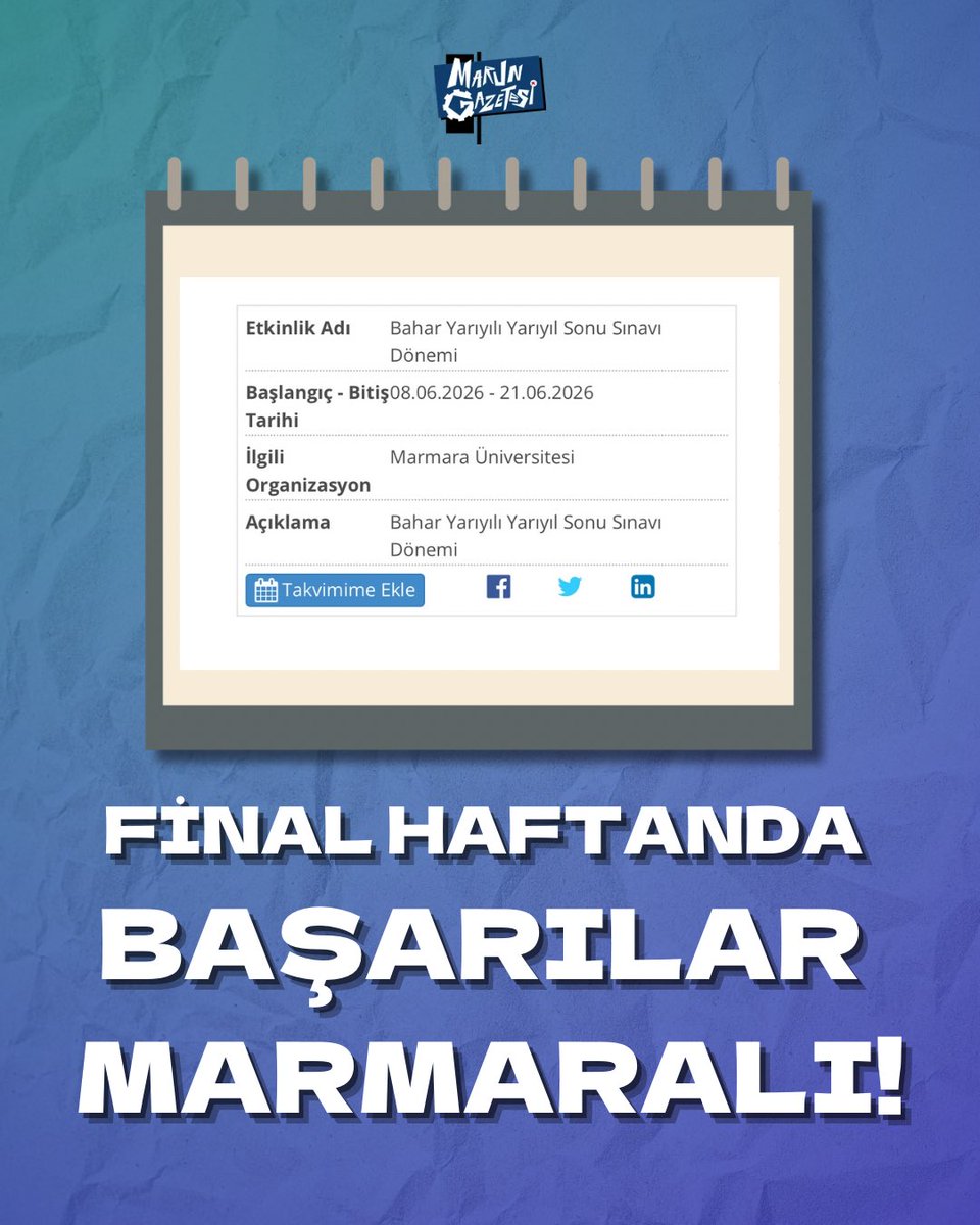 marungazetesi's tweet photo. 2025-2026 akademik yılı bahar yarıyılı finalleri yarın başlıyor!

Final haftanda başarılar sıra arkadaşım! https://t.co/OOxRdrJreq