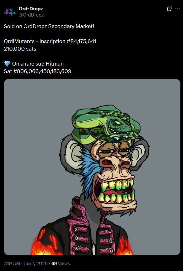 OrdDropz's tweet photo. 3 Mutant sales above global floor on Ord-Dropz. 🦍🧪

Creator-earned royalties give founders real runway to build their projects.

This is the way it should have always been.

#MutantStrong https://t.co/yGHRbT0THA