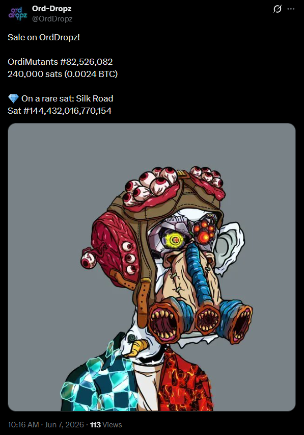OrdDropz's tweet photo. 3 Mutant sales above global floor on Ord-Dropz. 🦍🧪

Creator-earned royalties give founders real runway to build their projects.

This is the way it should have always been.

#MutantStrong https://t.co/yGHRbT0THA