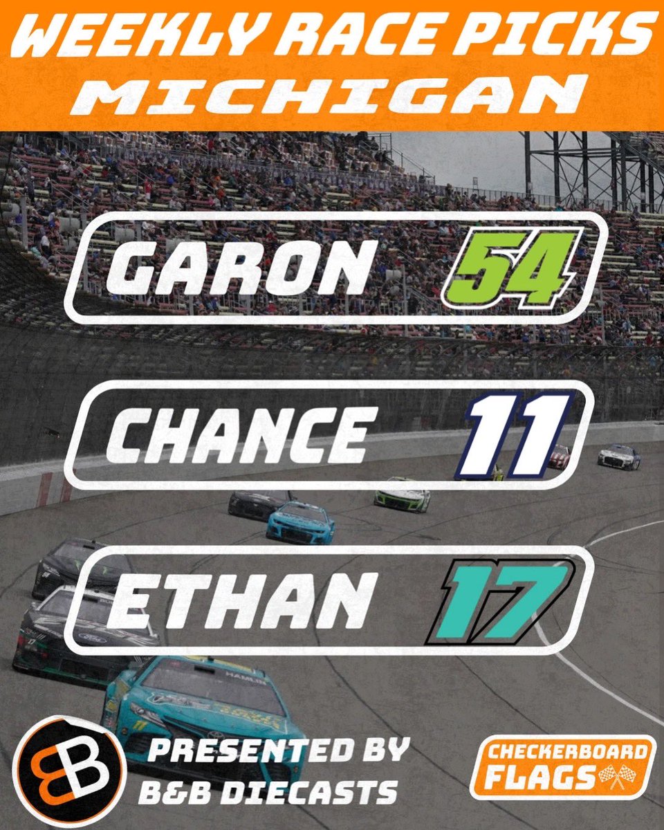 CheckerboardFL's tweet photo. Here's a look at our picks for today's race at Michigan International Speedway!

Garon - Ty Gibbs
Chance - Denny Hamlin
Ethan - Chris Buescher

Presented by https://t.co/TUpQqKnPad https://t.co/l2808OcGrY