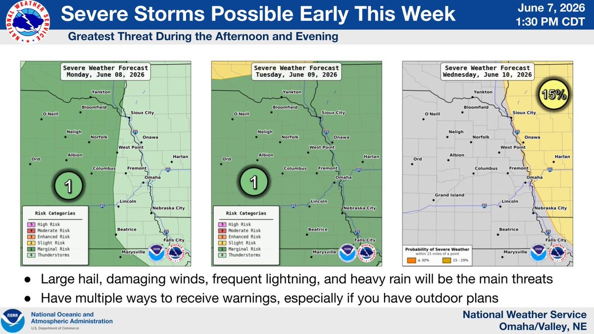 NWSOmaha's tweet photo. Another active weather pattern returns this week. Monday through Wednesday has the potential for severe weather, mainly during the afternoon and evening. Keep an eye on the forecast as more details are shared in the coming days. https://t.co/su767ESfCT