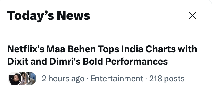 ishijain14's tweet photo. #MaaBehen is officially the No.1 title on @NetflixIndia !
A story that's bold, unapologetic, emotional, &amp; impossible to ignore. @MadhuriDixit Tripti &amp; Dharna absolutely own every frame❤️🔥
What's your review?⭐
#MadhuriDixit #TriptiDimri #DharnaDurga #Trending #Bollywood https://t.co/IikyLGzYJQ
