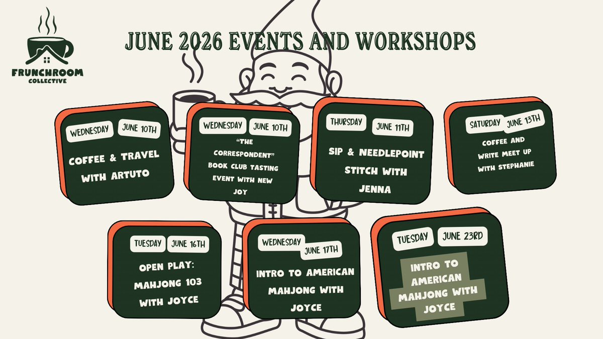 FrunchRmCoffee's tweet photo. JUNE EVENTS AT A GLANCE ☕️🏠 

for more information &amp; registration, please visit us at https://t.co/T4en0MRVIh and click on the events tab! 

Announcing some exciting festivities this week 🏳️‍🌈💓 stick around! 

brewing til 8:00PM 🤎 https://t.co/bceN8bcO3s