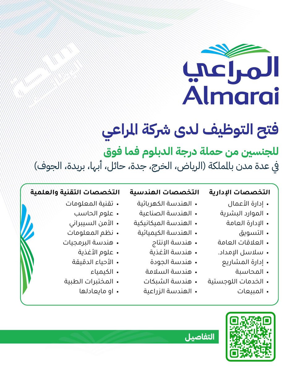 wdifh10's tweet photo. 🚨 هام | شركة المراعي

تعلن عن وظائف شاغرة في عدة مدن بالمملكة (الرياض، الخرج، جدة، حائل، أبها، بريدة، الجوف) تشمل مجالات الجودة، الموارد البشرية، الهندسة، التقنية، المبيعات والتصنيع، برواتب ومزايا تنافسية. 🔥📋

⬅️ التقديم:
 (https://t.co/xFrl5ujx5y)
_ https://t.co/WcLCnygss7
