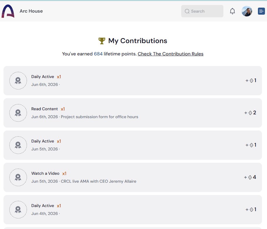 SoftBardly's tweet photo. On the Arc House platform, earning points is organized through a large-scale ambassador program called the Architects Program. The system is simple: you're active and help develop the project's ecosystem. Points are awarded automatically or through moderators, and your account advances through tiers (from Tier 0 to Tier 5), unlocking unique privileges and roles.

All ways to earn points for activity can be divided into three key categories:

1. Content consumption and learning: Reading articles, Watching videos, Completing courses

2. Event participation and organization: Attending events, Participating in hackathons

3. Content creation

I've already earned 684 points on the platform: