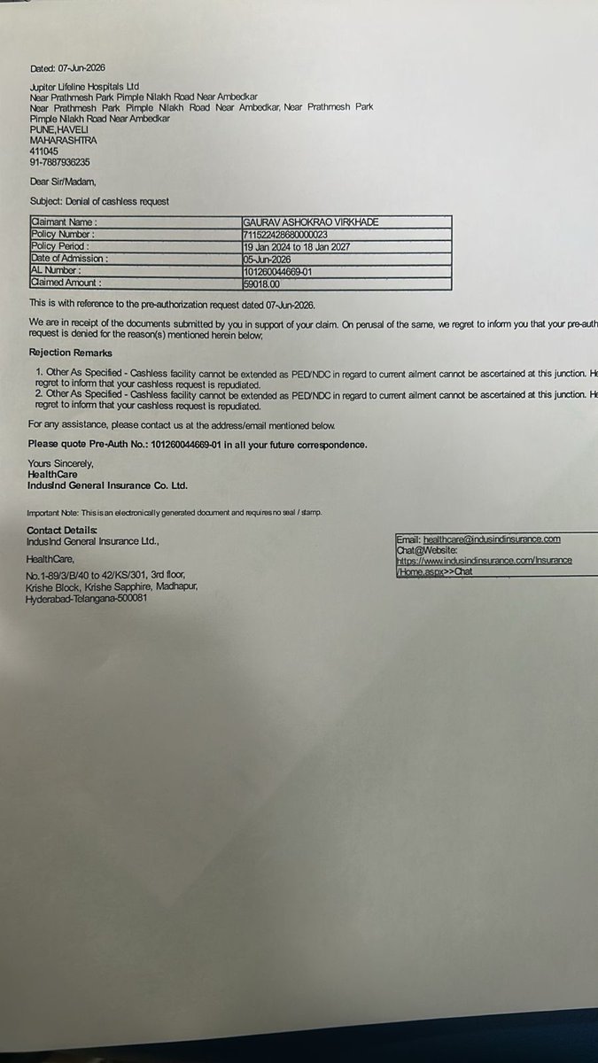 azamshaikh9's tweet photo. #Thread Pateint is admitted at jupiter hospital and has bought insurance from reliance (currently indusind) 2.5 years back. He got preauthorisation for tonsilitis at jupiter hospital and still after surgery during discharge his claim got rejected from @IndusIndGenIn . https://t.co/xJNJMrOw6R