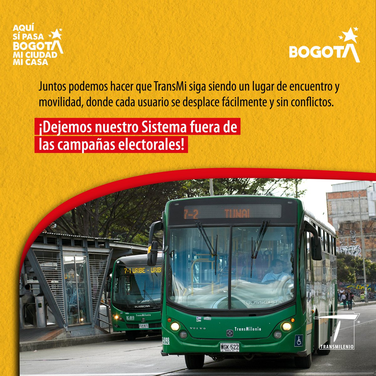 TransMilenio's tweet photo. El Sistema nos mueve a todos por igual, sin distinción de colores ni banderas. 🚍
Mantengamos a TransMi libre de campañas electorales y cuidemos juntos el espacio. 🤝 https://t.co/UvF4kWDxq3