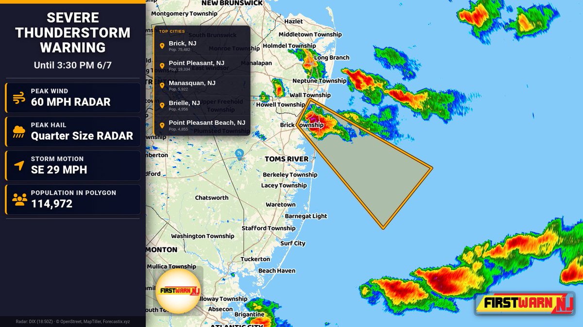 A Severe Thunderstorm Warning has been issued for Monmouth, NJ