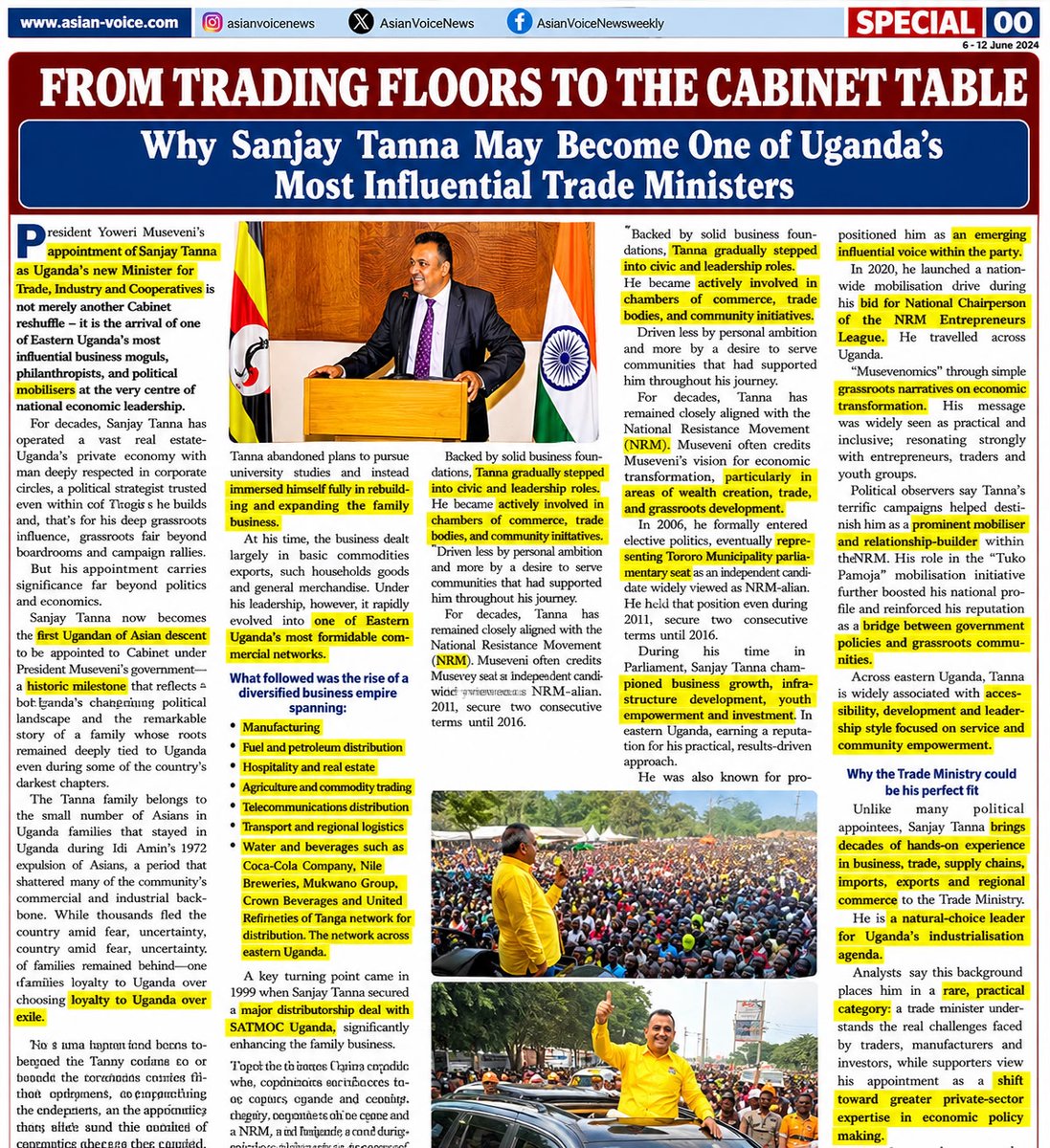 _JMAlex's tweet photo. Did you know Hon. Minister Sanjay Tanna may become one of Uganda's most influential trade ministers? By the UK's largest @AsianVoiceNews. Read more 👇👇 | @STanna444 @shyamtanna_ @mtic_uganda https://t.co/h9vz78qwIX