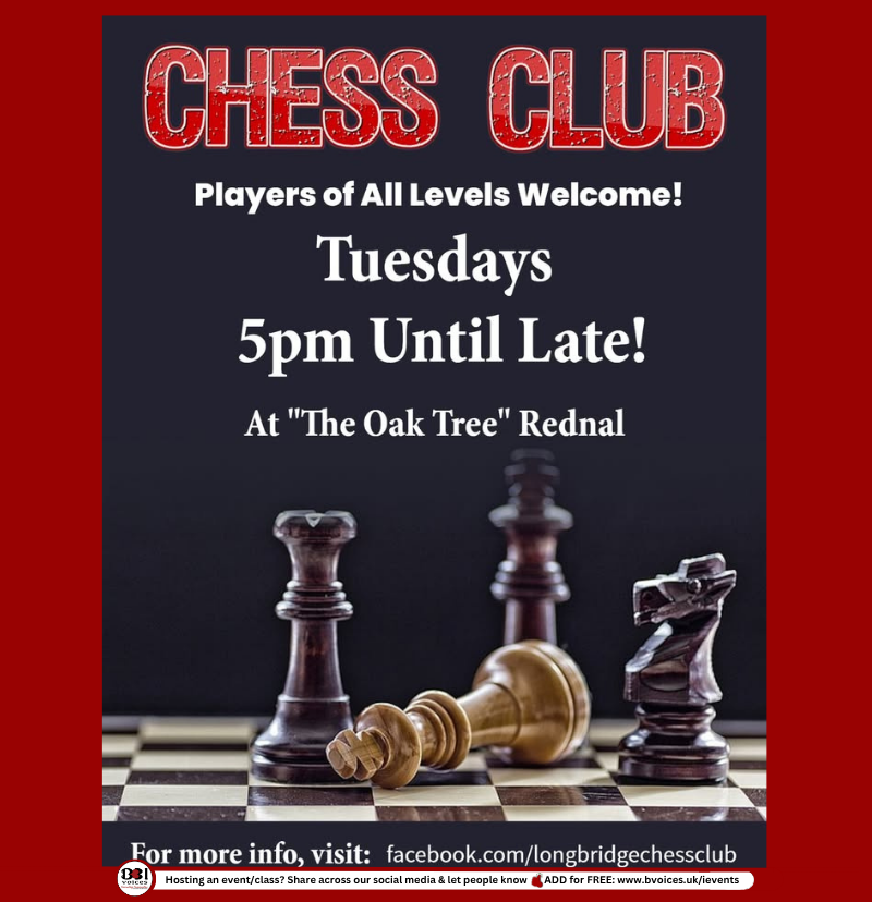 B31Voices's tweet photo. #SWBrumEVENTS โ Chess Club โ๏ธ
INFO: ๐๐ https://t.co/IisXP1qAVz
๐
Tuesdays
๐ From 5pm
๐ The Oak Tree โ #Rednal
๐ค All players of all levels and abilities!
#B31VoicesSupportingLocal
#ChessClub
#Chess
#CommunityChess
#Birmingham
#BirminghamUK
#Bromsgrove https://t.co/stne07e05p