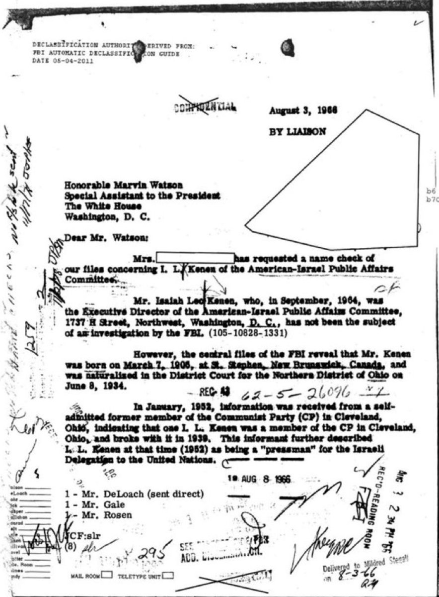 abovetheplateau's tweet photo. O fundador do AIPAC (Comité de Assuntos Públicos Israel-Americano), Isaiah Leo Kenen, foi membro do Partido Comunista de Cleveland, Ohio.

- Relatório do Pentágono, datado de 8 de agosto de 1966. Declarado em 4 de maio de 2011. https://t.co/2uH6XZeA5i