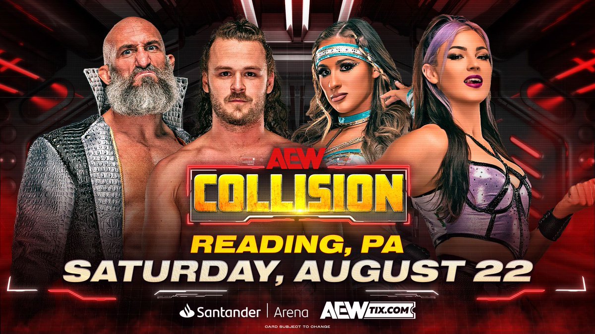 AEWLive's tweet photo. PENNSYLVANIA!
#AEWCollision is coming to Reading this summer, LIVE from the @santander_arena on Saturday, August 22nd! Tickets go on sale TOMORROW!

Pre-sale tickets are available now:
🎟️ https://t.co/8szBmk1elh https://t.co/rCelt2JeTz