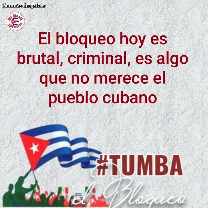 MaryCarmenPupo1's tweet photo. Levantemos nuestras voces y gritemos al 🌎 que exijan al imperialismo norteamericano #TumbaElBloqueo ¡Ya!
#CubaNoEstáSola
#CubaEstáFirme
#CubaVencerá
🇨🇺✊✌️ https://t.co/svthAC9KrU