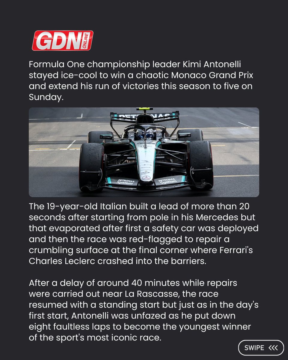 GDNonline's tweet photo. Formula One championship leader Kimi Antonelli stayed ice-cool to win a chaotic Monaco Grand Prix and extend his run of victories this season to five on Sunday.  

The 19-year-old Italian built a lead of more than 20 seconds after starting from pole in his Mercedes but that evaporated after first a safety car was deployed and then the race was red-flagged to repair a crumbling surface at the final corner where Ferrari's Charles Leclerc crashed into the barriers. 

#Monaco #GP #F1 #Antonelli