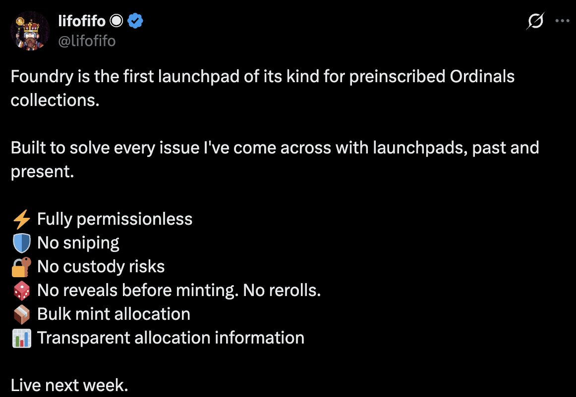 MarkTruvalie's tweet photo. Foundry launches next week - permissionless, no sniping, no custody risk, no reveals before mint.
@Satflow handles execution, @ord_net handles collection and now it handles launches too. 
@lifofifo keeps closing the gaps one by one.
The @0cculum x Parasite mint on June 13th is the first live test - 250 pieces, 100% of proceeds to hash, 7.5% chance to mine a block at sellout.