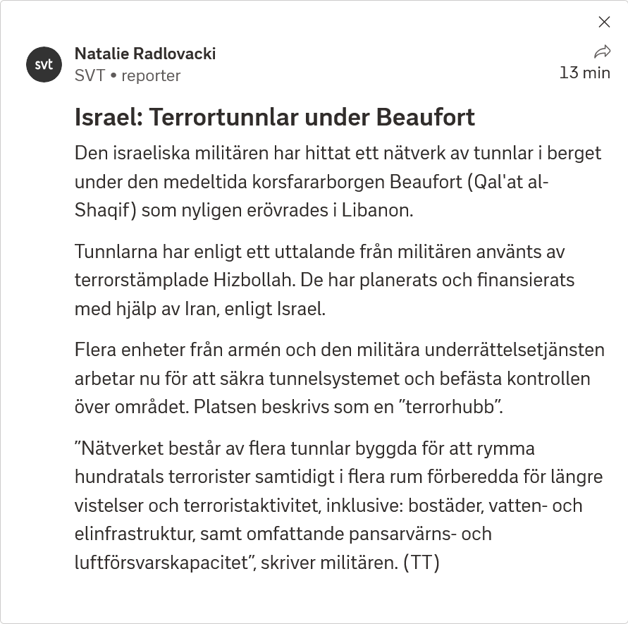 vpressfeldt's tweet photo. Vem behöver oberoende källor när man har den israeliska krigsmaktens pressmeddelanden? Fantastisk källkritik av TT och SVT, i synnerhet givet att tidigare granskningar av "terrortunnlar" visat att Israel spridit direkta lögner ämnade att legitimera angrepp och dödande av civila. https://t.co/i6T0NKfOdZ