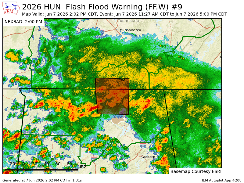 ALRadarCenter's tweet photo. HUN extends time of Flash Flood Warning [flash flood: observed, flash flood damage threat: considerable] for Jackson, Limestone, Madison [AL] and Franklin, Lincoln [TN] till Jun 7, 5:00 PM CDT https://t.co/xsk7PT2nFY https://t.co/hjwYfiGrxI
