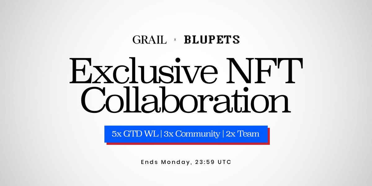 GrailHQ's tweet photo. COLLABORATION ANNOUNCEMENT

Grail is partnering with Blupets by @bunya_eth for their upcoming NFT collection.

We have secured 5 total Grail allocation spots:

3 spots will go to eligible community leaderboard participants. 
The remaining allocation is reserved for Grail/team distribution.

To be eligible:

1. Select the Blupets campaign
2. Connect or input your EVM wallet
3. Connect your X account
4. Connect Discord, Optionally, submit your strongest Blupets post
5. Complete your collector verification
6. Rank on the Blupets leaderboard before the deadline : Monday, June 8, 2026 at 23:59 UTC.

Leaderboard ranking is based on your Grail intelligence score, including X reputation, Discord/community & Blupets-related engagement.

Top eligible winners will be contacted by email with their results after the raffle closes.

Enter here: https://t.co/hqmPqs4iuX

Use VPN if you can`t access the website.