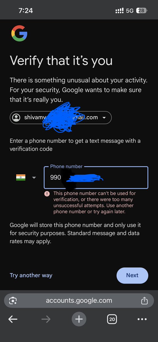 SHIVAM7V's tweet photo. Hey @TeamYouTube, I am a creator and I've been locked out of my channel for 20 days due to a "Verify that it's you" loop. I enter the OTP from my registered number, but then it asks for a number again and shows "This number can't be used for verification" for ANY number I try… https://t.co/JNdCVx10lW