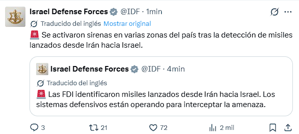 nachomdeo's tweet photo. Confirmado: Irán atacó con misiles a Israel. En las horas anteriores habían surgido indicios de escalada por cambio de rutas aéreas civiles, movimientos en Irán y un alerta a las fuerzas de EEUU en la región https://t.co/UwI1yJpRlw