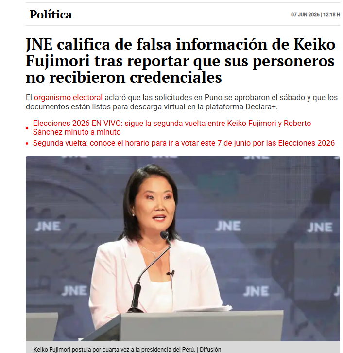 JotaMoreno24's tweet photo. 🔴 ALERTA JNE. El Jurado Nacional Elecciones desmintió la afirmación de Keiko Fujimori, quien habría denunciado que sus personeros no recibieron credenciales. Según el órgano electoral las solicitudes en Puno se aprobaron el sábado y los documentos estaban listos para descarga virtual en la plataforma oficial.