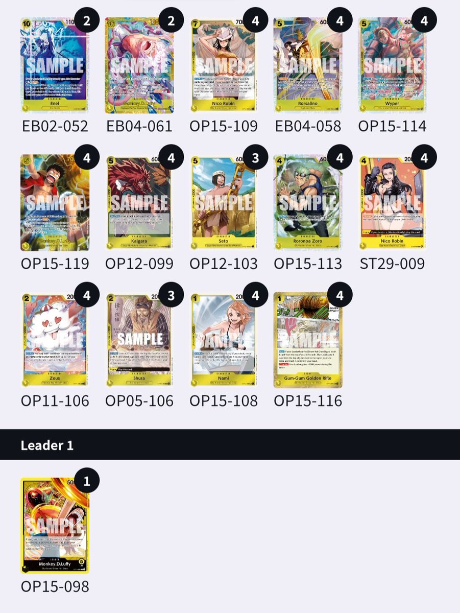 HaydonThompson0's tweet photo. Perth OP regional: 45th (6-3)
Deck: Sky Luffy

Y Enel 🎲✅️
Rosi ✅️
Penel ❌️
Penel 🎲✅️
Nami🎲 ✅️
Penel ✅️
Nami ❌️ no10c or 5c
Nami ✅️
Nami ❌️ https://t.co/yYDtGMwnFo