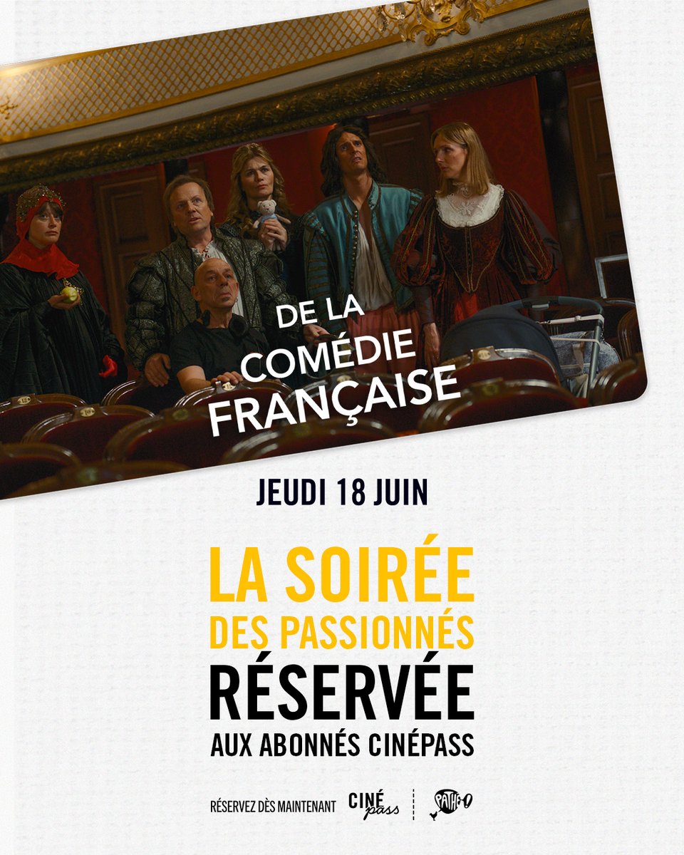 pathecinemas's tweet photo. La Soirée des Passionnés fait son retour le 18 juin ! L'occasion de découvrir en avant-première exclusive #DeLaComédieFrançaise, une sélection de bandes-annonces des films évènements à venir, ainsi que des surprises ! Réservez vos places dès maintenant : https://t.co/zcVojUtl1A https://t.co/scb67bn8Ry