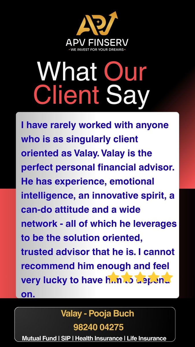 valaybuch's tweet photo. Nothing feels more rewarding than earning the trust of clients. 🙏
“Solution oriented, trusted advisor” are words that inspire us to keep giving our best every single day.
At APV Finserv, our mission is simple:
Helping families create and protect wealth with confidence. https://t.co/HkdHFMUbNq