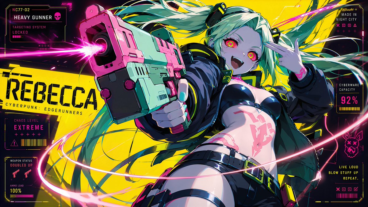 DainiArt's tweet photo. Chaos level: Extreme. Night City's favorite gremlin is ready to break the world of Solaris-3 very soon! 🔫💥
カオスレベル：マックス！ナイトシティの暴れん坊が、まもなく『鳴潮』の世界を壊しにやってくる！ 🔫💥

#WutheringWaves #Rebecca #鳴潮 #瑞贝卡 #Edgerunners https://t.co/9cs5eO5VG6