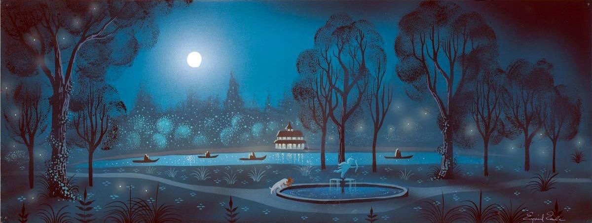 reminiscinbby's tweet photo. concept paintings by eyvind earle for disney’s lady and the tramp (1955) https://t.co/Iaofouq4EG