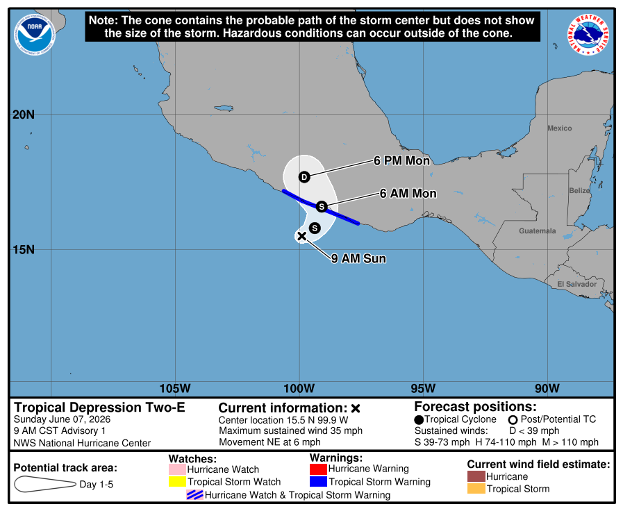 daniloevan11's tweet photo. We now have a new Tropical Depression which has formed in the Pacific, from the Invest #91E. TD #02E is likely going to move inland into Mexico, over the next day and bring heavy rain and some gusty winds. A Tropical Storm Warning is now in effect for parts of the coastline. https://t.co/vYQha4jG09