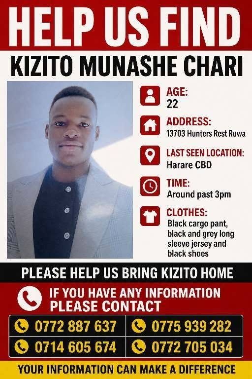 CrimeWatchZW's tweet photo. PLEASE SHARE 🙏 | Help us find Kizito Munashe Chari (22) from Hunters Rest, Ruwa. He was last seen on Wednesday, 3 June 2026, at around 3pm. He had travelled from Ruwa to Harare CBD to collect rent from a tenant. He collected the money (US$450), but never returned home.

He was wearing black cargo pants, a black and grey long-sleeve jersey, and black shoes.

Anyone with helpful information is kindly requested to contact his family on the numbers below:
0772887637
O775939282
0714605674
0772705034

@PoliceZimbabwe