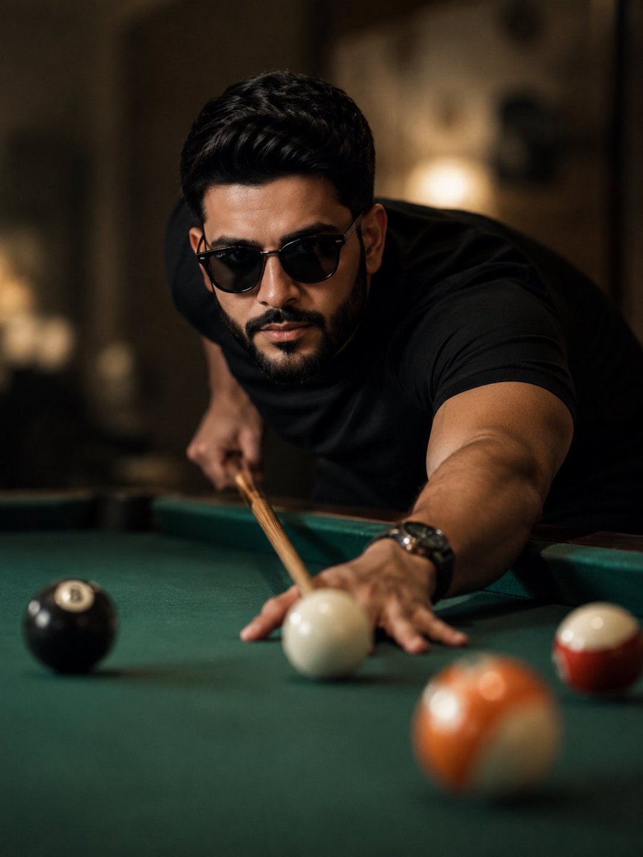 81soud81's tweet photo. تبي نفس هالصورة 

انسخ الكلام وحط صورتك بـ 

Chatgpt

Retrato cinematográfico hiperrealista de hombre adjunto jugando billar, capturado en el momento exacto en que se inclina para golpear la bola blanca con el taco. La cámara está alineada con la mesa, mostrando una perspectiva de baja altura (a nivel de la bola), creando una sensación de tensión y precisión.
El fondo está suavemente desenfocado, con iluminación cálida y concentrada sobre el jugador y la mesa verde.
El sujeto viste una camiseta negra ajustada y una pulsera o reloj oscuro en la muñeca. Su expresión es de concentración total, con los brazos tensos mientras apunta al golpe.
El ambiente es íntimo, de interior, con una atmósfera cinematográfica y realismo detallado en la textura del paño de billar, la madera del taco y los reflejos de luz.
Luz direccional suave desde arriba y ligeramente lateral, sombras naturales, tono de piel realista, equilibrio de color neutro y profundidad de campo reducida.
Composición profesional, calidad fotográfica ultra realista 8K, profundidad y contraste natural.