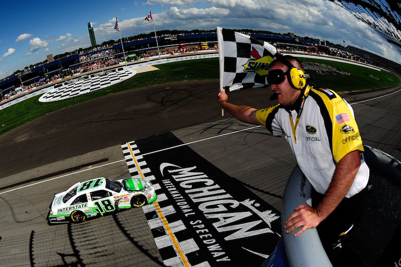 SlideJobX's tweet photo. Remembering Kyle Busch — 2011 at Michigan

In 2011, Kyle Busch won the Pure Michigan 400 at Michigan International Speedway. Busch passed Jimmie Johnson for the lead with 13 laps to go and held him off through a green‑white‑checkered finish to secure the victory. https://t.co/L3KrEWdFVm