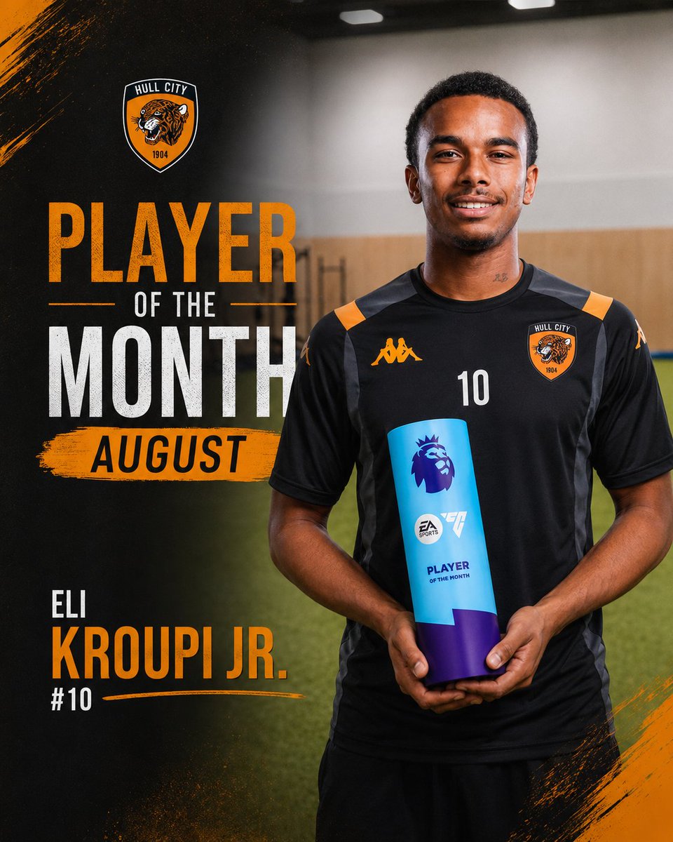 madshfc's tweet photo. 🏆 AUGUST PLAYER OF THE MONTH 🏆

8 goals. ⚽️
2 assists. 🎯
10 goal contributions. 💫
Congratulations to Eli Kroupi Jr., your Hull City Player of the Month for August. 👏🐯
What a month, Eli! 🧡🖤

#hcafc https://t.co/fh4Qc0RERZ