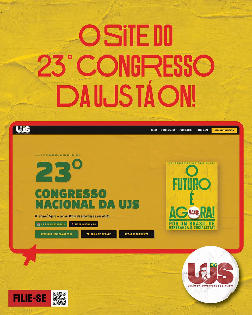 UJSBRASIL's tweet photo. O site do 23º Congresso da UJS já está no ar! 🤳🏾

Não fique de fora e ajude a organizar e construir o CONUJS na sua região. O FUTURO É AGORA e te esperamos no RJ! 

Acesse: https://t.co/c4jwqmNESg https://t.co/iG4x55aa7X