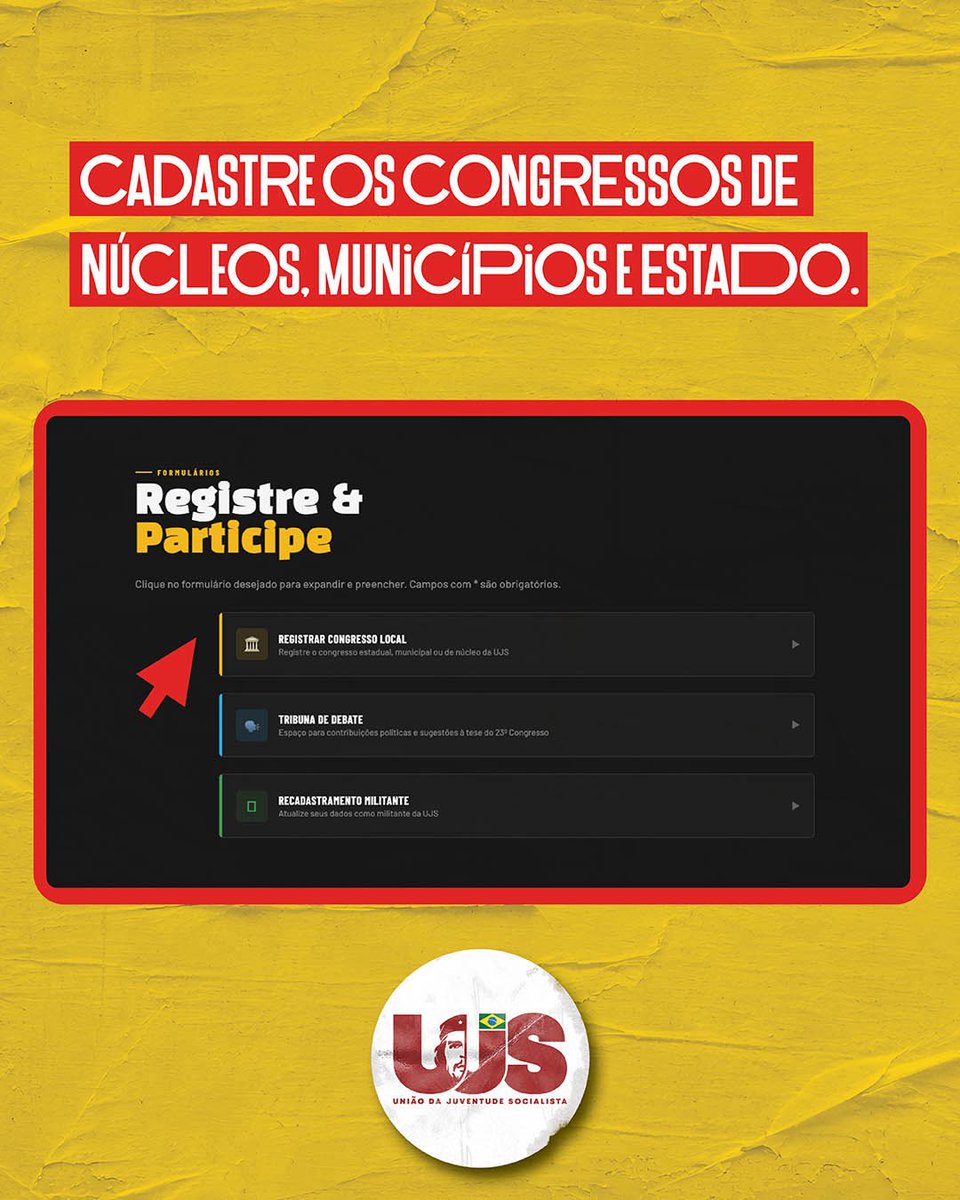 UJSBRASIL's tweet photo. O site do 23º Congresso da UJS já está no ar! 🤳🏾

Não fique de fora e ajude a organizar e construir o CONUJS na sua região. O FUTURO É AGORA e te esperamos no RJ! 

Acesse: https://t.co/c4jwqmNESg https://t.co/iG4x55aa7X
