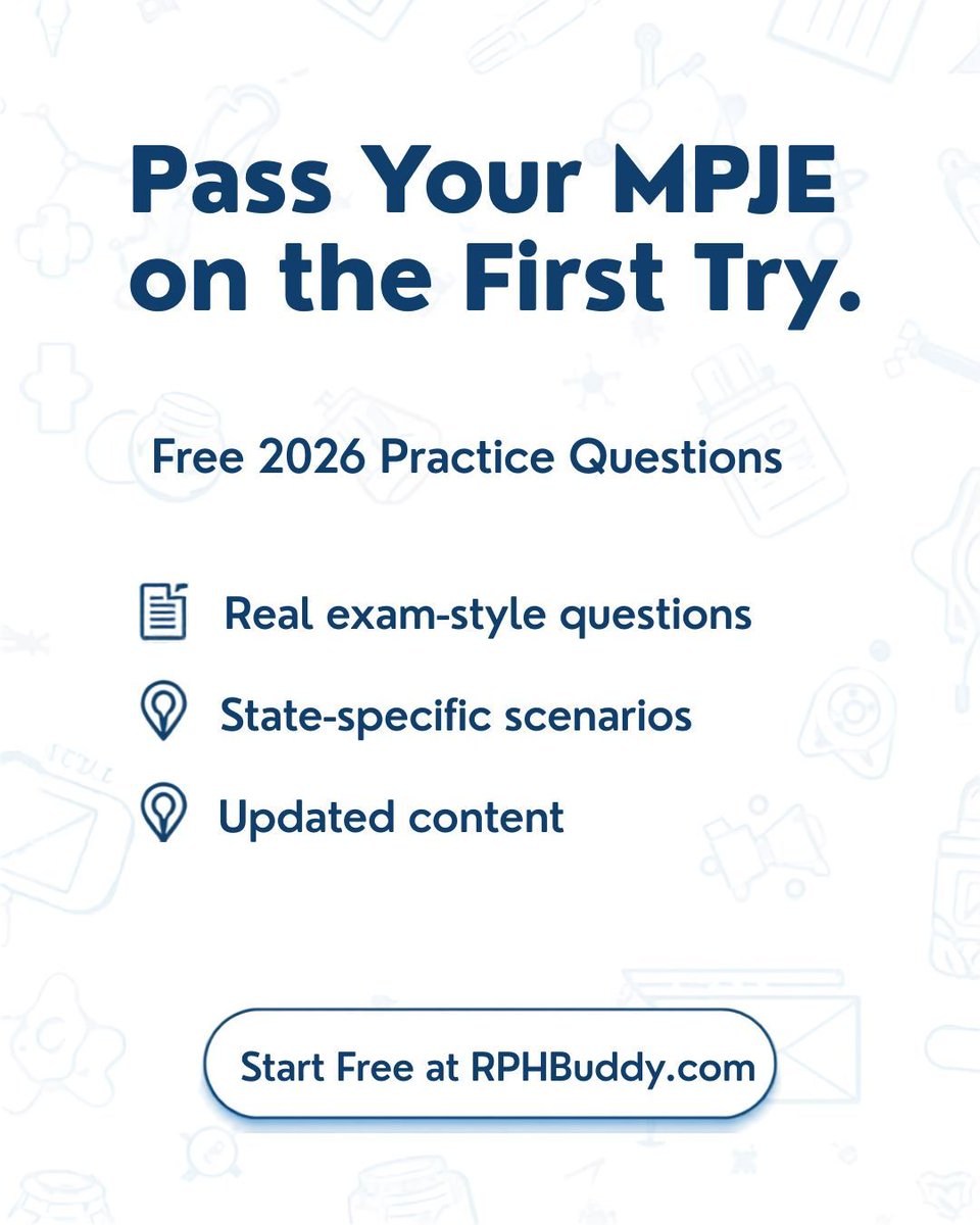RphBuddy's tweet photo. ✨ Pass Your MPJE on the First Try!
Free 2026 Practice Questions → Real exam‑style scenarios → Updated content.
Start free at https://t.co/8gntMf9LhE — trusted by pharmacy students nationwide.
#MPJE #PharmacyLaw #PharmacyExamPrep #Pharmacy https://t.co/75kLJlqfWZ