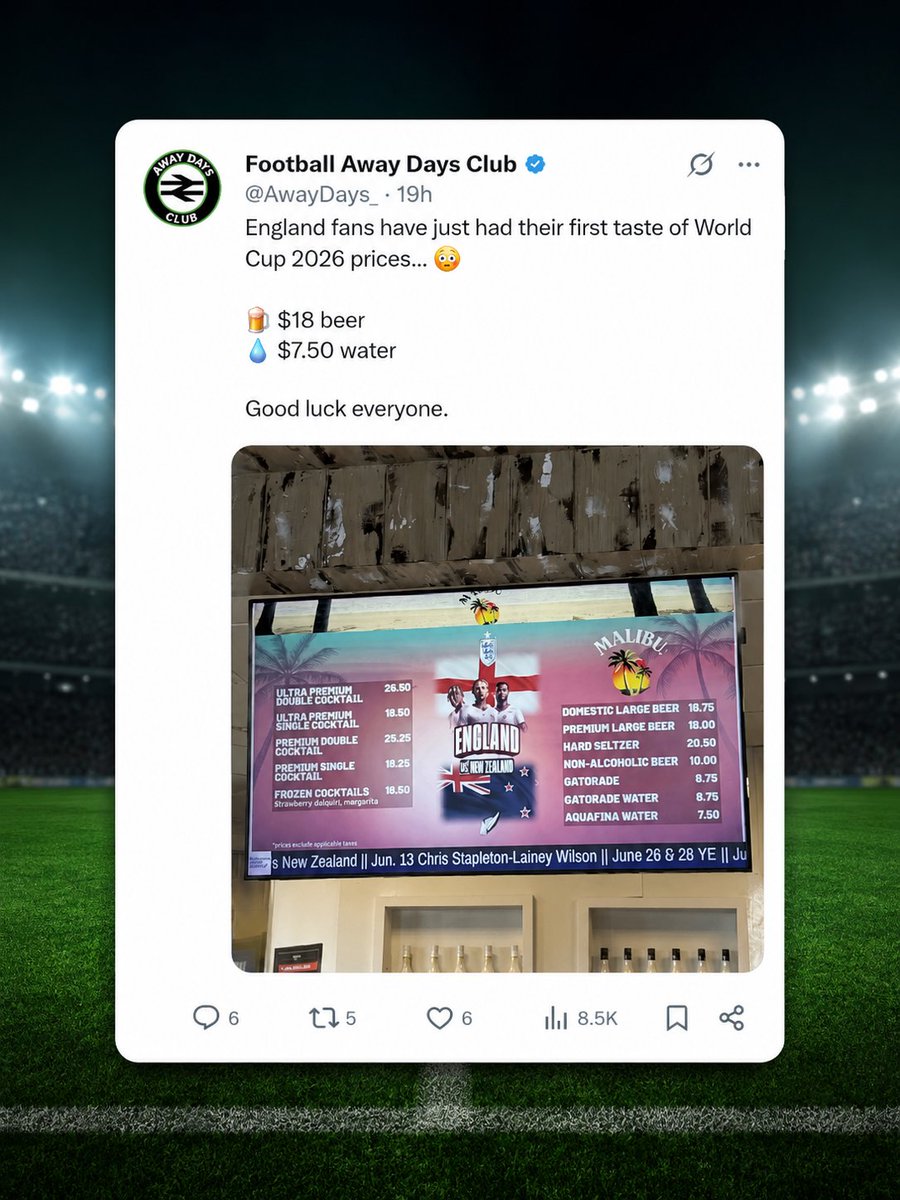 betcleverAI's tweet photo. 🇺🇸 The English have only just arrived and they're already complaining about the drink prices at the World Cup.

Welcome to America. 🍻💸😂 https://t.co/vjP74ajorZ