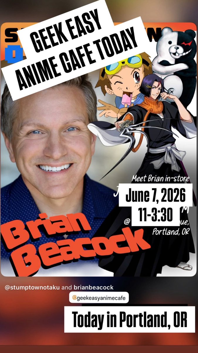 BrianBeacock's tweet photo. Last chance!  Today 11-3:30 at Geek Easy Anime Cafe in Portland, OR! https://t.co/aEi1SG0oNu