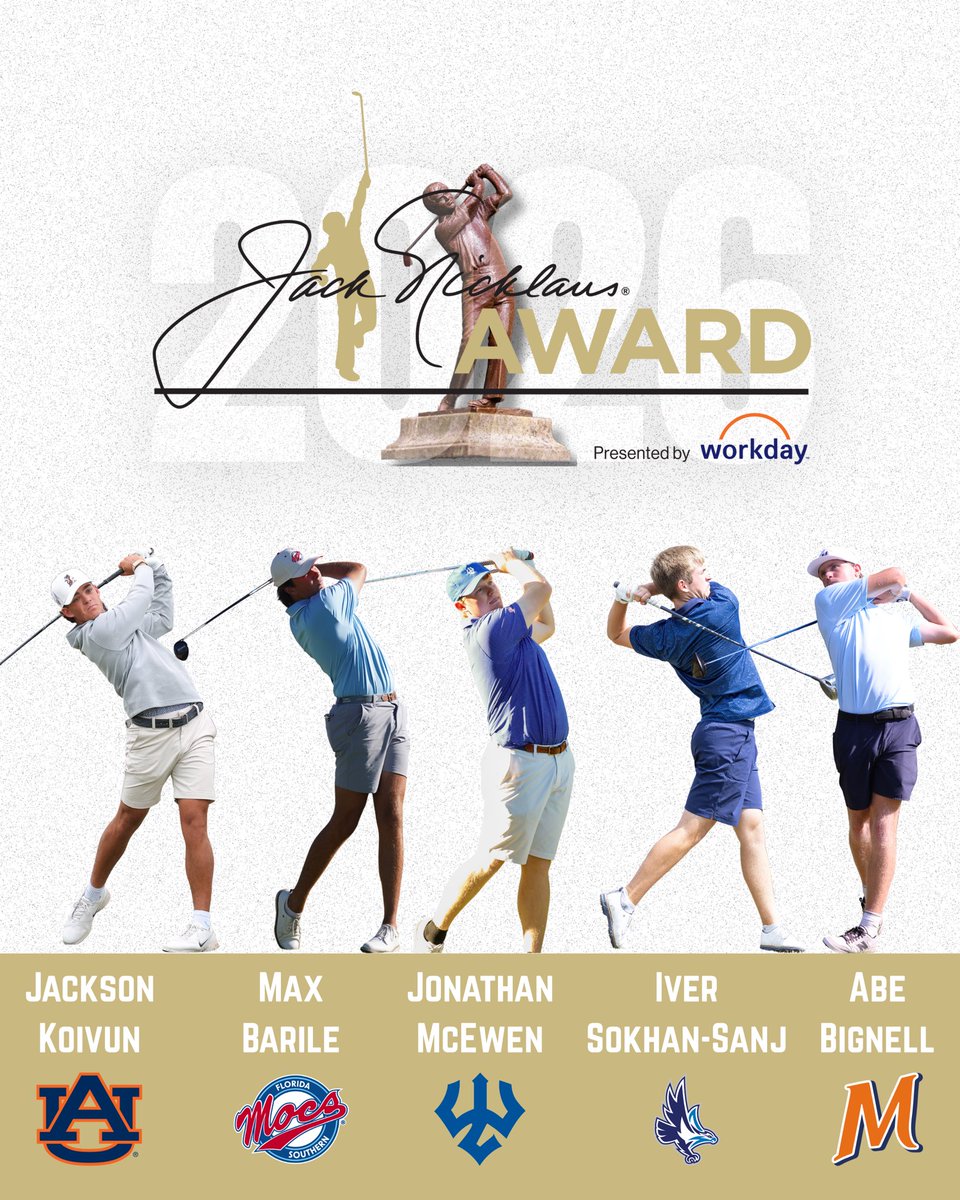 GolfCoachesAssn's tweet photo. 𝙼𝚊𝚔𝚒𝚗𝚐 𝚑𝚒𝚜𝚝𝚘𝚛𝚢 𝚘𝚗𝚎 🏆 𝚊𝚝 𝚊 𝚝𝚒𝚖𝚎

2026 @jacknicklaus National Player of the Year Award presented by @Workday recipients have been named. They are👀👇 https://t.co/FOc3Z7N7Gg