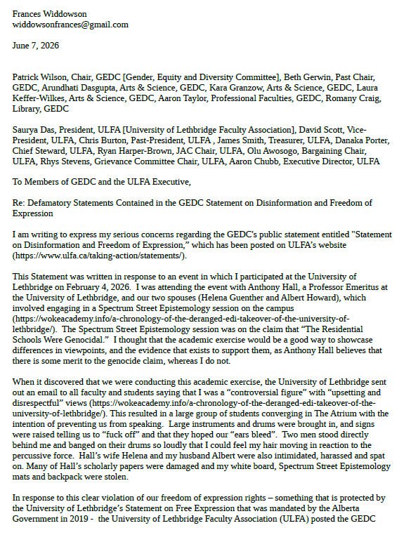 FrancesWiddows1's tweet photo. "Particularly concerning about the GEDC Statement [@ULFAssociation] is its assertion that we arrived on [@ULethbridge] campus on February 4, 2026 'with the intention of inflicting harm on others.'...Unless the GEDC possesses credible evidence capable of substantiating such a claim, publishing it as fact is defamatory."