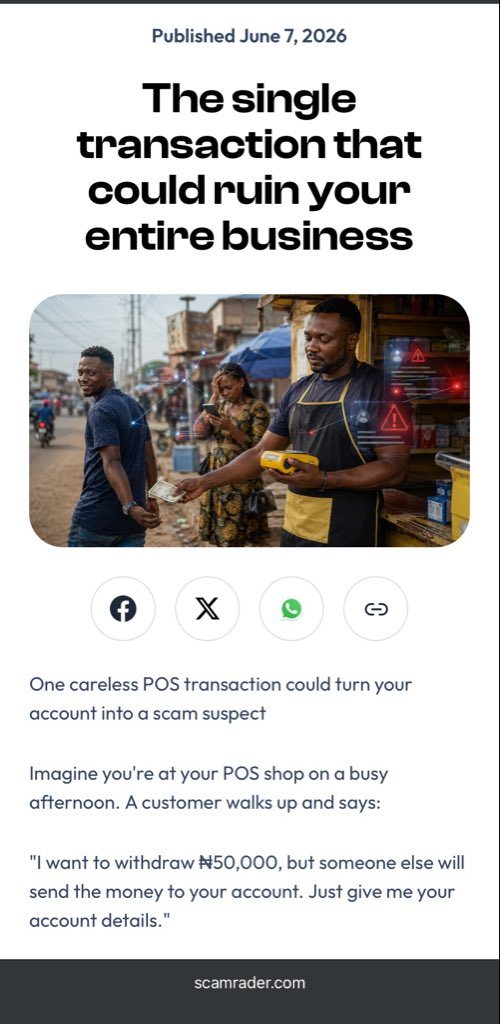 scamrader's tweet photo. Our data shows that POS agents are increasingly at risk of being unknowingly used as intermediaries in fraudulent transactions. The article below explains how this occurs and how to prevent it.

Read here: https://t.co/EEskHFQg8p https://t.co/3tRC6Y6FOF