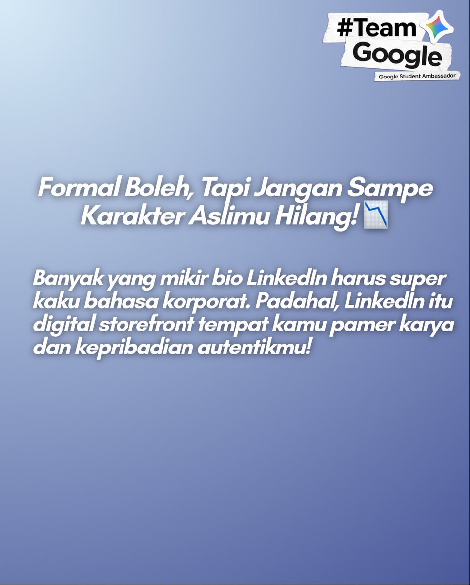 imnotkania's tweet photo. Yuk, sulap bio dan headline LinkedIn kamu jadi lebih stand out dan berkarakter pakai Gemini AI! 🤖💡

Geser slide sampai habis buat spill magic prompt-nya! 👉

#TeamGoogle #GoogleStudentAmbassador #GSA2026 #Gemini #GoogleAI @googleindonesia https://t.co/nzJVeZyYy1