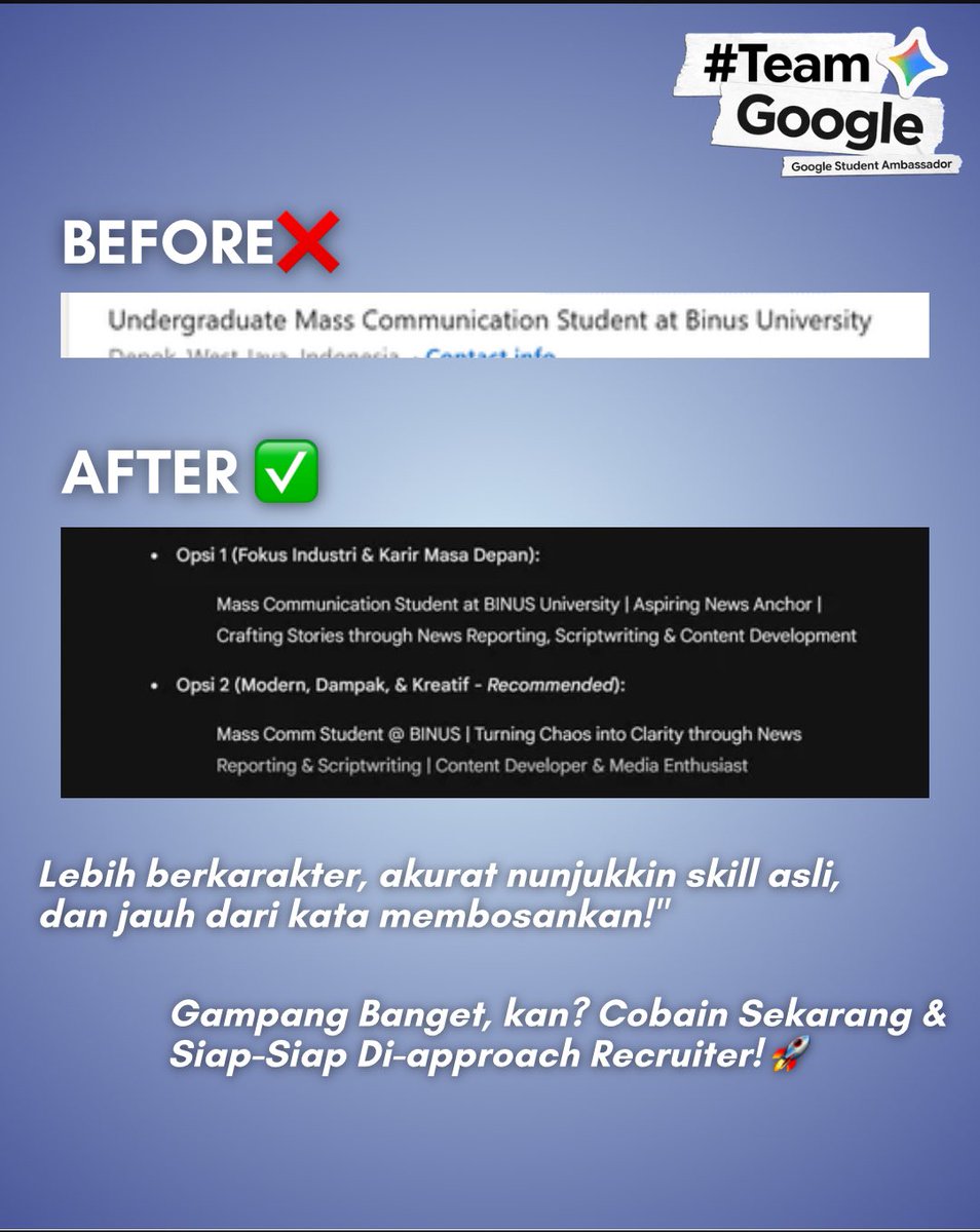 imnotkania's tweet photo. Yuk, sulap bio dan headline LinkedIn kamu jadi lebih stand out dan berkarakter pakai Gemini AI! 🤖💡

Geser slide sampai habis buat spill magic prompt-nya! 👉

#TeamGoogle #GoogleStudentAmbassador #GSA2026 #Gemini #GoogleAI @googleindonesia https://t.co/nzJVeZyYy1